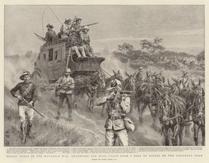 Hjältedåd i Matabele-kriget, försvarar posttränaren från en kropp av Kafirs på Salisbury Road