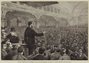 Liberal demonstration i Manchester, Lord Hartington talar till mötet i Pomona Gardens Palace.