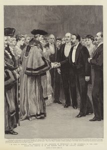 M Zola i London, Lord Mayor tar emot journalistinstitutet i Guildhall, M och Madame Zolas ankomst till rådssalen.