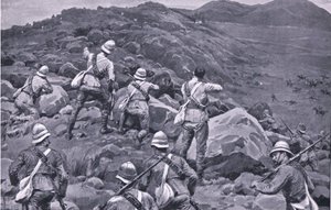 Jakten på De Wets bakvakt i Takesberg, från After Pretoria: The Guerilla War publicerad av Harmsworth Bros Limited av Frank Dadd