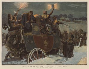 Snöar in på julafton och ber om hjälp (chromolitho)