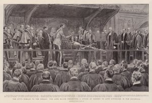 Stadens hyllning till sirdaren, överborgmästaren överlämnar ett hederssvärd till Lord Kitchener i Guildhall.