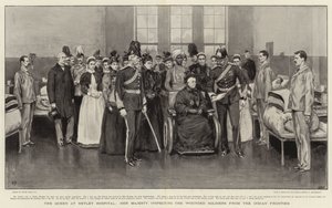 Drottningen på Netley Hospital, Hennes Majestät inspekterar de sårade soldaterna från Indian Frontier av Frank Dadd