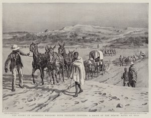 The Rising in Rhodesia, vagnar med förnödenheter som korsar en drift av Shashifloden vid Tuli