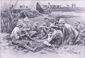 Trötta soldater som njuter av vila, från After Pretoria: The Guerilla War publicerad av Harmsworth Bros Limited, 1901 av Frank Dadd
