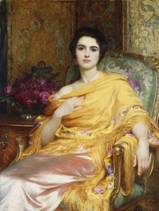 Porträtt av Elsa, dotter till William Hall, trekvartslängd, sittande iklädd en rosa klänning och gul omlott, 1927