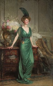 Porträtt av Hon. Mrs. Ernest Guinness, stående, iklädd en smaragdklänning och fjäder, 1912 av Frank Dicksee