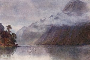 Nya Zeeland: I Milford Sound (färglitografi) av Frank H Wright