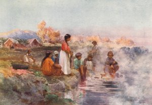 Nya Zeeland: Maoriernas tvättdag, Ohinemutu (färglitografi) av Frank H Wright