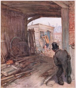 Väl framme vid sin destination var det första han såg ett par mycket ofullständigt skodda fötter i luften, ca 1920 (färglitografi) av Frank Reynolds