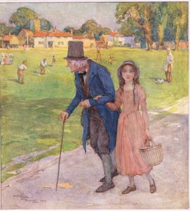 Det var en mycket liten plats. Männen och pojkarna spelade cricket på gräsmattan, ca 1920 (färglitografi) av Frank Reynolds