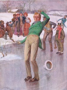 Mr Winkle på isen (Pickwick Papers) (färglitografi) av Frank Reynolds