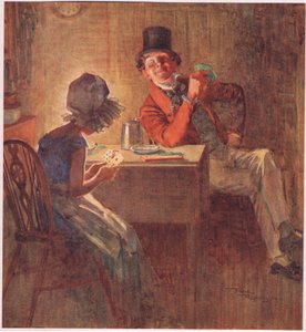 Markisinnan håller sina kort mycket hårt i båda händerna och funderar på vilka hon ska spela, ca 1920 (färglitografi) av Frank Reynolds