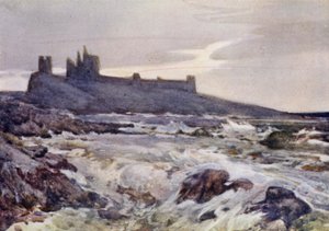 Dunstanburgh Castle (färg litho) av Frank Southgate