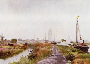 Norfolk Broads: Below Potter Heigham (färg litho) av Frank Southgate