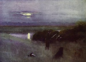 Norfolk Broads: Moonrise, at Flight (färg litho) av Frank Southgate