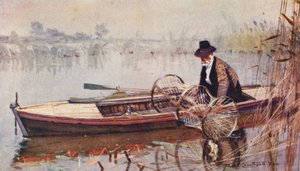 Wild Life in East Anglia: Att lägga ut bågnätet (färglitografi) av Frank Southgate