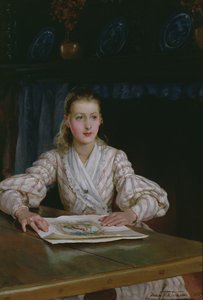 Ung flicka tittar på ett tryck, 1889