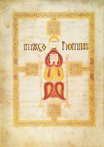 Lat 9389 f.18v Symbol för Matteus, `Imago Hominus, Lindisfarne, från Echternachs evangeliebok, c.700