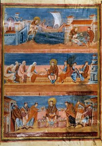 Den helige Hieronymus lämnar Rom och betalar sin lärare i Jerusalem (överst), arbetar med sina skriftlärda (mitten) och distribuerar Vulgata (nederst). Miniatyr i "" Första Bibeln av Karl den skallige, även känd som Bibeln om Vivien"" (Folio 3v), 845-846.  av Frankish School