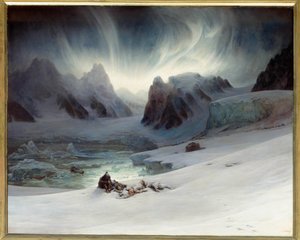 Magdalenabukten sedd från halvönsgraven, Norra Spetsbergen. Aurora borealis effekt. Olja på duk, 1,30 x 1,63 m. - "" Magdalena Bay, utsikt tagen från halvön av gravar norr om Spitzberg, effekt av norrsken"" Målning av Francois Auguste Biard