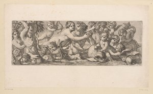 Bacchus med satyr, nereid och putti i vattnet Mytologiska figurer vid vattnet (serietitel) av François Bignon (attributed to)