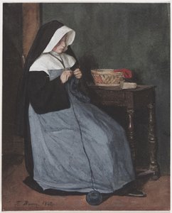 En nunna sitter vid ett bord och stickar, 1862.