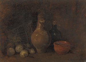 Stilleben med fyra frukter, glas och keramik av François Bonvin
