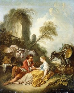 Ett pastoralt landskap med en herde och herdinna som sitter vid ruiner, av François Boucher