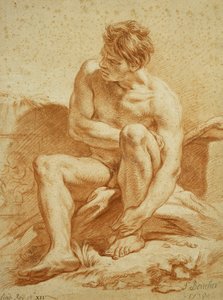 En sittande naken med en stav, en relief med Putti till vänster, 1738