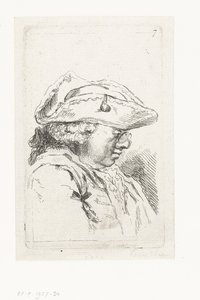 Huvud av en man med glasögon och tricorne Svit med små genrestycken och rubriker (serietitel) av François Boucher
