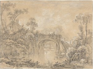Landskap med en rustik bro av François Boucher