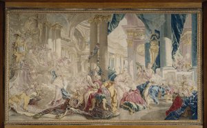 Manufacture de Beauvais - Psyke ledd av Zephyr in i Kärlekens palats och Psyke som visar sin rikedom för sina systrar, efter 1741 av François Boucher