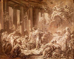 Psyche Receiving the Divine Honors (förberedande studie), c.1740 (oljemålning på papper monterad på duk) av François Boucher