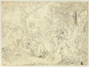 Herdinnor och ung man som spelar säckpipa av François Boucher