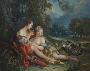 Två nymfer av Diana vilar efter att de återvänt från jakten av François Boucher