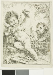 Två putti med en fågel av François Boucher