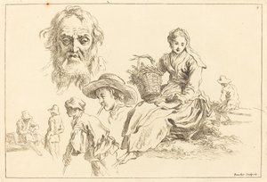 Figurstudier inklusive Bearded Face of an Old Man
