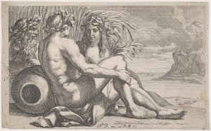 Flodgudar liggandes framför ett havslandskap, 1651-82. av François Bourlier