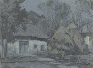 Höstackar på en bondgård i månsken av François Cachoud