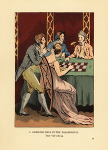 Fashionabla Incroyables i högkragade jackor vid ett spelbord med en ung kvinna och en croupier. Ett spelhelvete i Palais Royal, år VIII. av François Courboin
