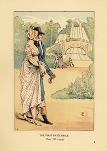 Fashionabla par vid berg-och-dalbanan i Ryska bergen, Les Montagnes Russes a Belleville, byggt 1812. (Den första återgången, år VII