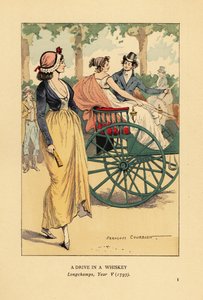 Fashionabla par som kör i en enhästs whiskyvagn eller spelning i Longchamps, Paris, år V