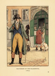 Moderiktig gentleman framför ingången till Passage du Perron, Palais Royal. Han bär hatt, halsduk, kappa, västar byxor och stövlar. Perron i Palais Royal, Paris