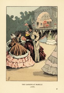 Fashionabla människor på utomhusdansen, Bal Mabille.. Kvinnor i vida krinoliner och pälskappor, man i hög hatt, kavaj och randiga byxor. Kvällsdansen på Jardin Mabille, Avenue Montaigne, hölls från 1844 till 1875. The Gardens at Mabille