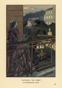 Fashionabla människor som tittar på kometen 1857 från en boulevardbalkong, Paris. Kvinna i krinolin med kikare. Handkolorerad litografi av R.V. efter en illustration av Francois Courboin från Octave Uzanne’s Fashion i Paris, William Heinemann, London