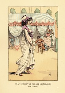 Fashionabla kvinna som anländer för ett möte på Cafe des Tuileries, Paris, år VI