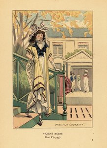 Fashionabla kvinna eller Merveilleuse framför Bains Vigier eller Vigiers termalbad på stranden av floden Seine, år V av François Courboin