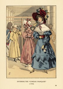 Fashionabla kvinnor på en pjäs, Paris. Kvinna i stor huva med band, klänning med hög krage, spetskappa eller pelerine och helärmar en basker. Inträder i Comedie Francaise av François Courboin