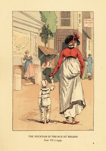 Kvinna och barn framför Ledas fontän, Fontaine de Leda, i Rue du Regard, Paris, år VII